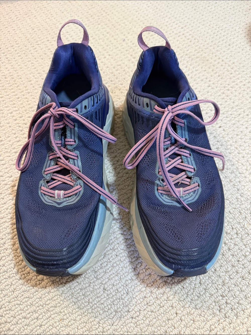 Used Hoka One One Navy Running Shoes with Pink Laces great condition